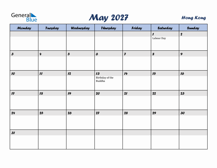 May 2027 Calendar with Holidays in Hong Kong