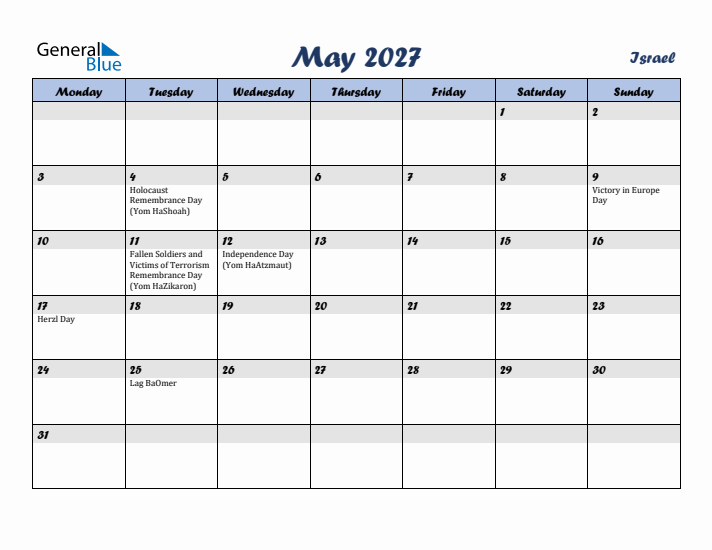 May 2027 Calendar with Holidays in Israel