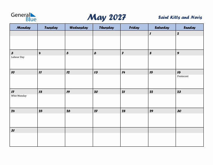 May 2027 Calendar with Holidays in Saint Kitts and Nevis