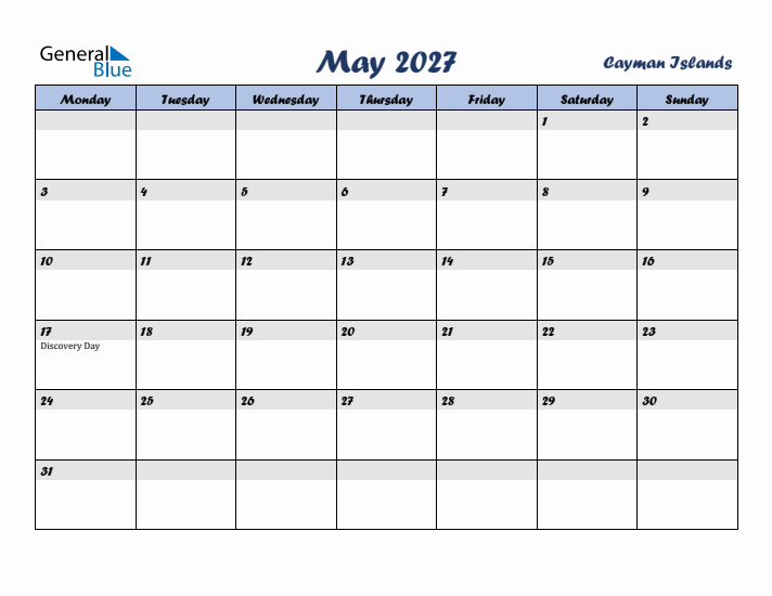 May 2027 Calendar with Holidays in Cayman Islands