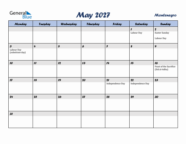 May 2027 Calendar with Holidays in Montenegro