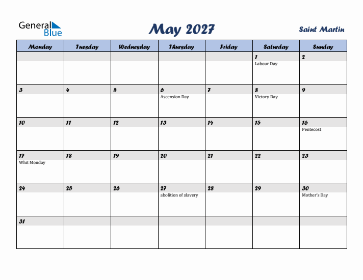 May 2027 Calendar with Holidays in Saint Martin