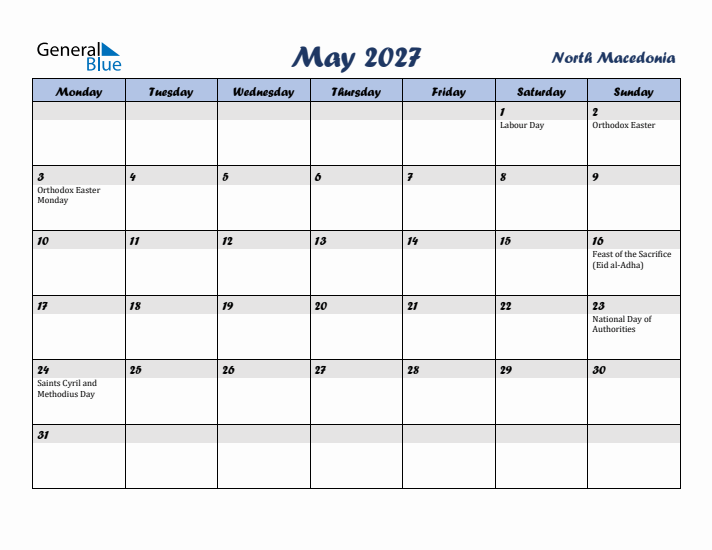 May 2027 Calendar with Holidays in North Macedonia