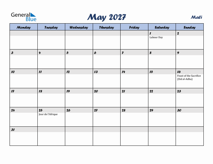 May 2027 Calendar with Holidays in Mali