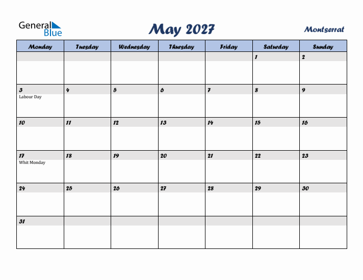 May 2027 Calendar with Holidays in Montserrat