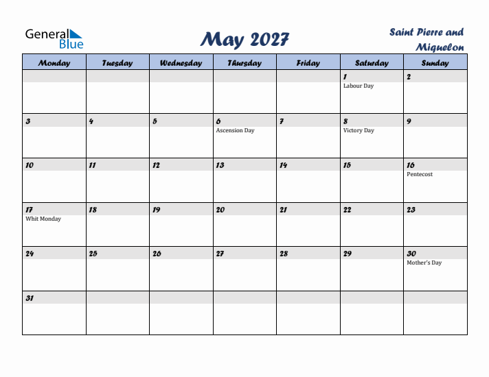 May 2027 Calendar with Holidays in Saint Pierre and Miquelon