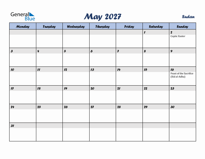 May 2027 Calendar with Holidays in Sudan