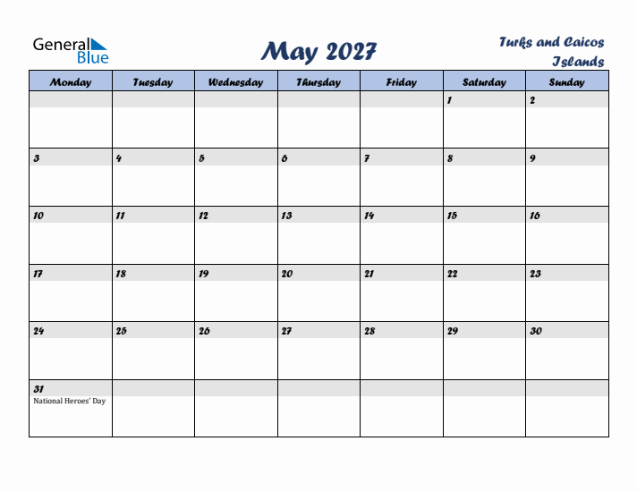 May 2027 Calendar with Holidays in Turks and Caicos Islands
