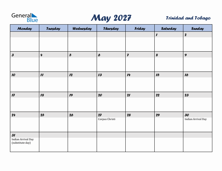 May 2027 Calendar with Holidays in Trinidad and Tobago