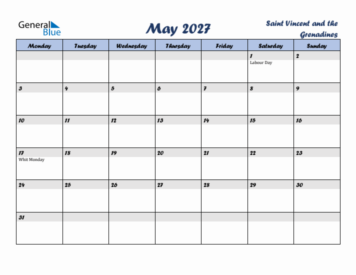 May 2027 Calendar with Holidays in Saint Vincent and the Grenadines