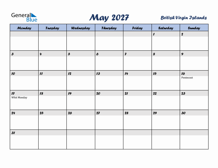 May 2027 Calendar with Holidays in British Virgin Islands