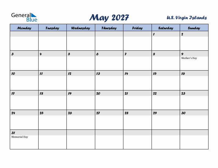 May 2027 Calendar with Holidays in U.S. Virgin Islands