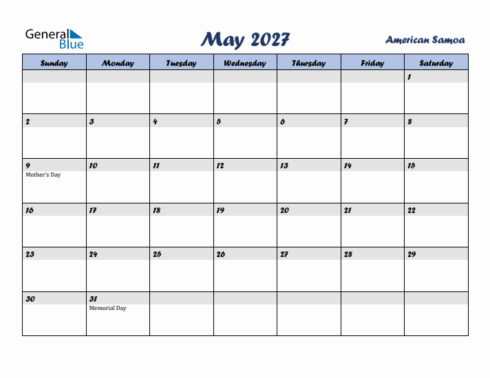 May 2027 Calendar with Holidays in American Samoa