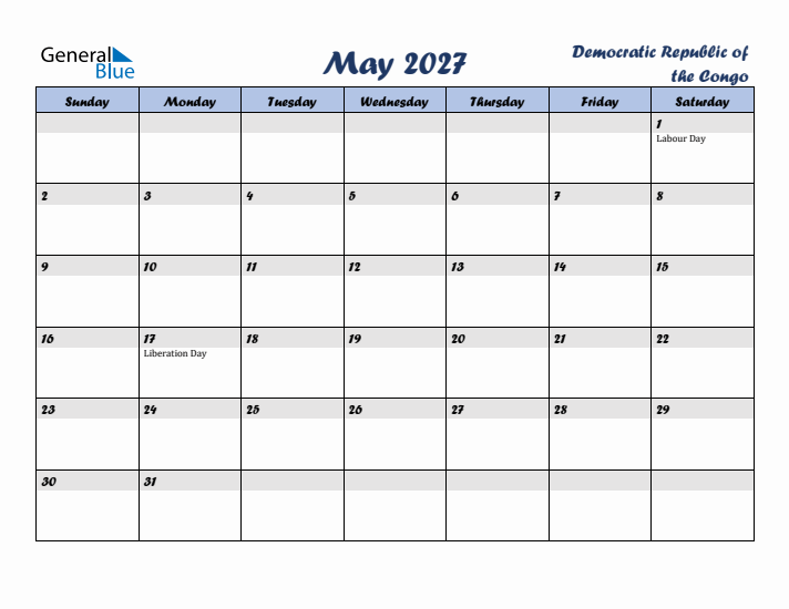 May 2027 Calendar with Holidays in Democratic Republic of the Congo