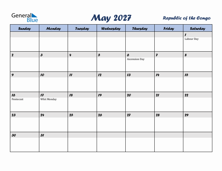 May 2027 Calendar with Holidays in Republic of the Congo