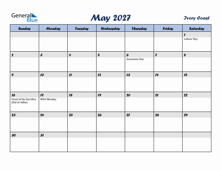 May 2027 Calendar with Holidays in Ivory Coast
