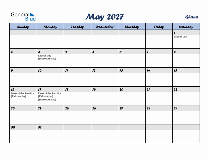 May 2027 Calendar with Holidays in Ghana