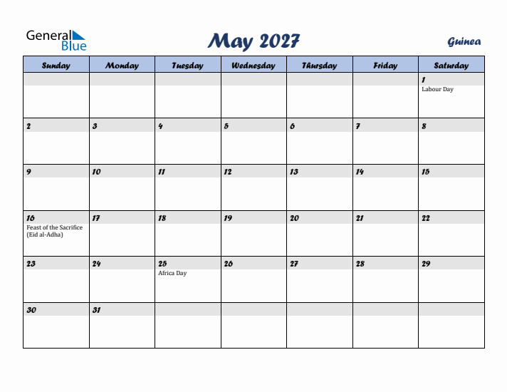 May 2027 Calendar with Holidays in Guinea
