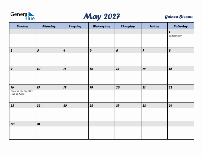 May 2027 Calendar with Holidays in Guinea-Bissau