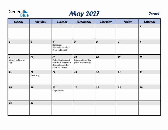 May 2027 Calendar with Holidays in Israel