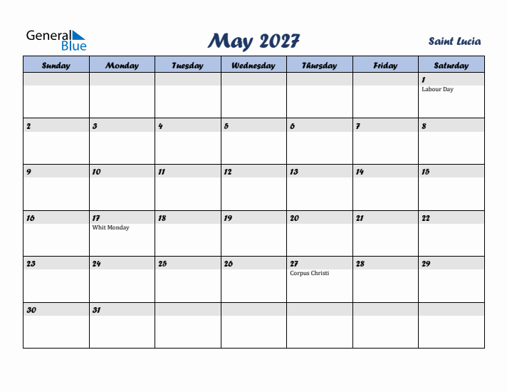 May 2027 Calendar with Holidays in Saint Lucia