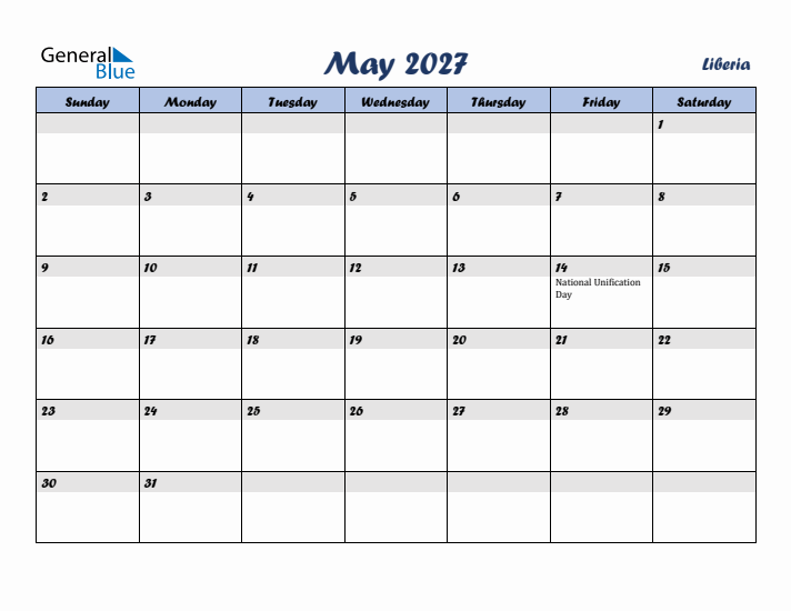 May 2027 Calendar with Holidays in Liberia
