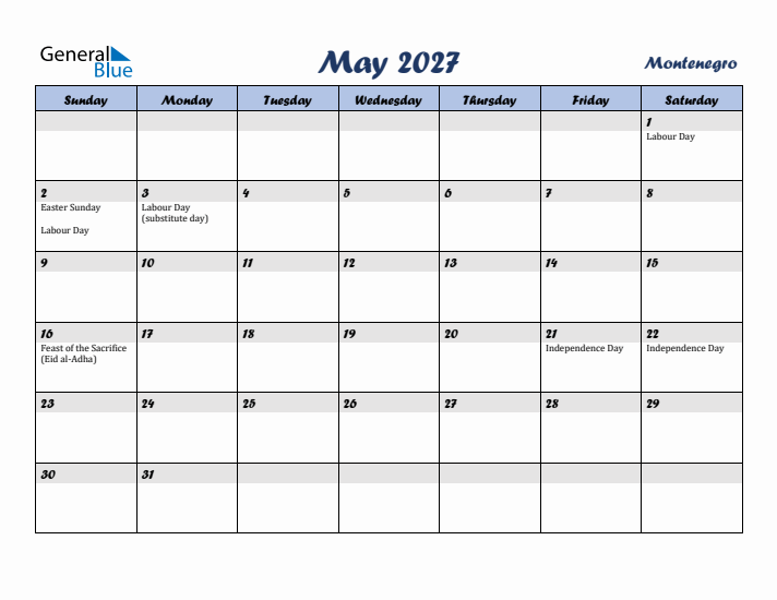 May 2027 Calendar with Holidays in Montenegro