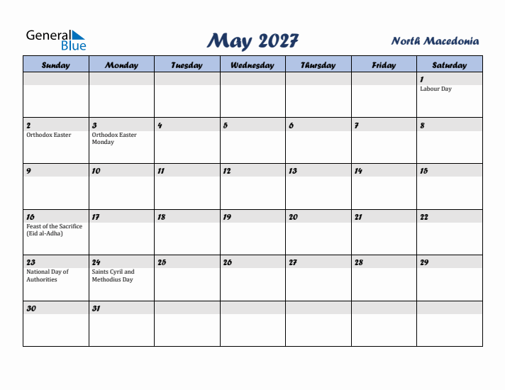 May 2027 Calendar with Holidays in North Macedonia
