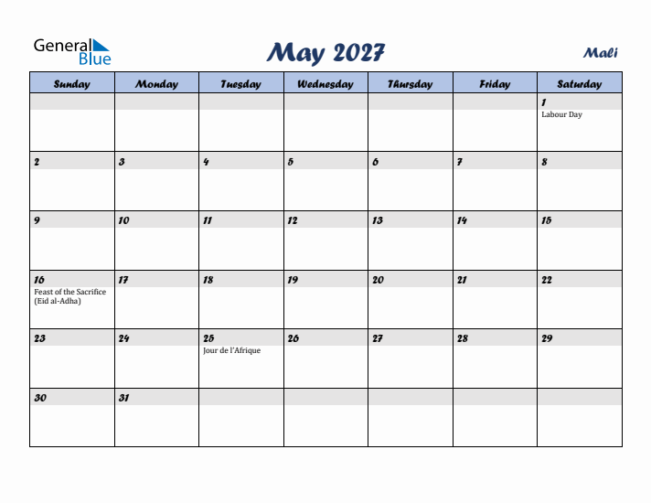 May 2027 Calendar with Holidays in Mali