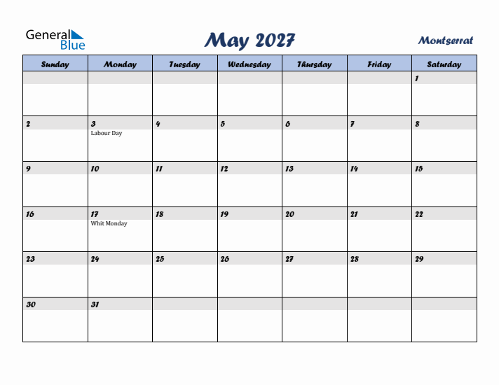 May 2027 Calendar with Holidays in Montserrat