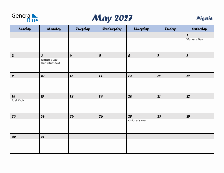 May 2027 Calendar with Holidays in Nigeria