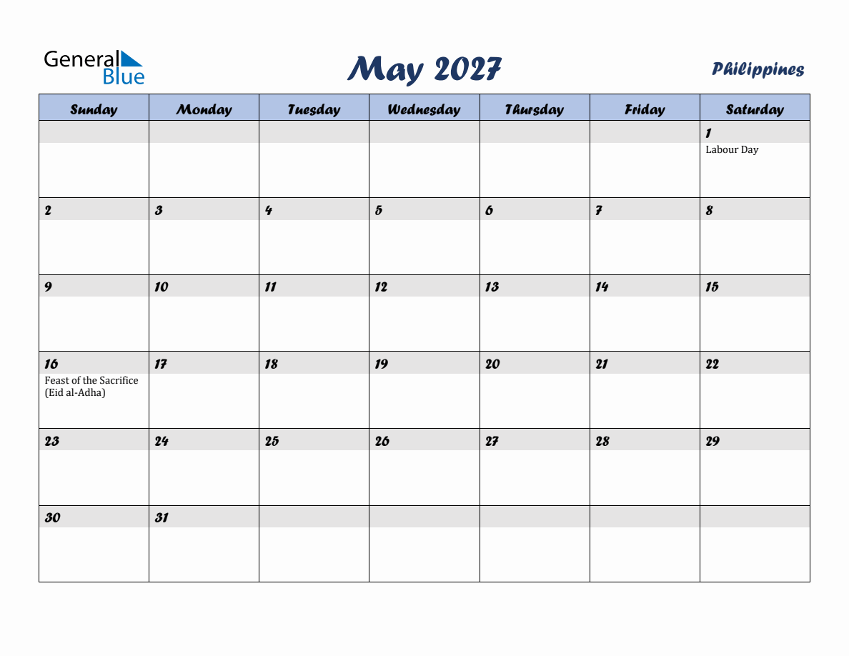 May 2027 Monthly Calendar Template with Holidays for Philippines