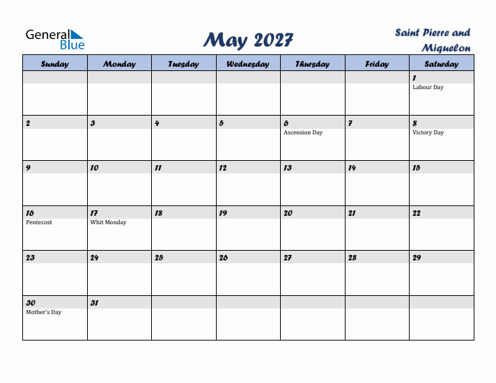 May 2027 Calendar with Holidays in Saint Pierre and Miquelon