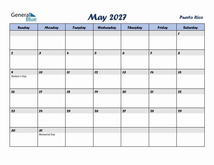 May 2027 Calendar with Holidays in Puerto Rico