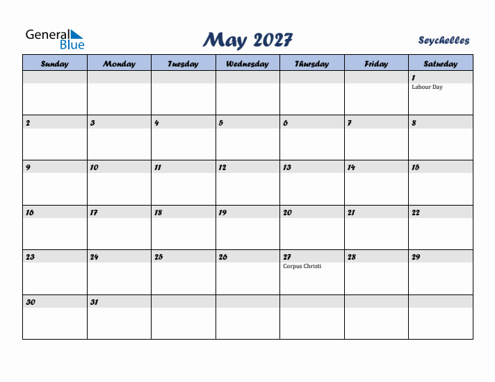 May 2027 Calendar with Holidays in Seychelles