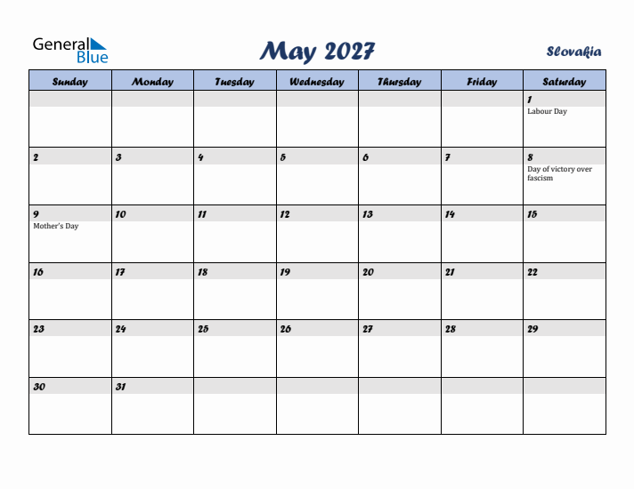May 2027 Calendar with Holidays in Slovakia