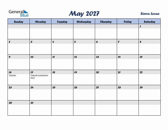 May 2027 Calendar with Holidays in Sierra Leone