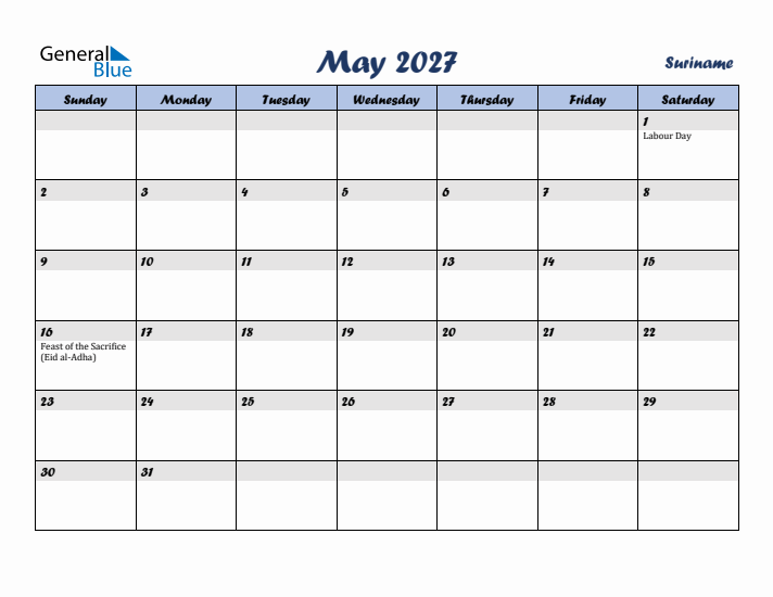 May 2027 Calendar with Holidays in Suriname