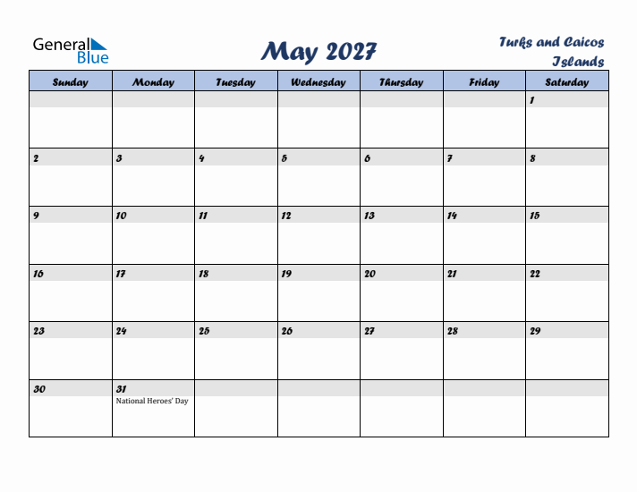 May 2027 Calendar with Holidays in Turks and Caicos Islands