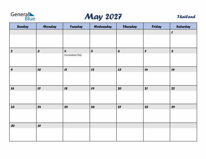 May 2027 Calendar with Holidays in Thailand