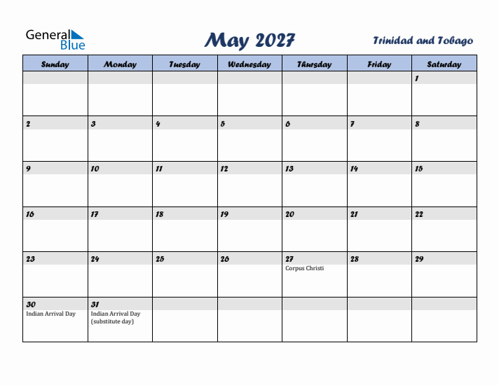 May 2027 Calendar with Holidays in Trinidad and Tobago