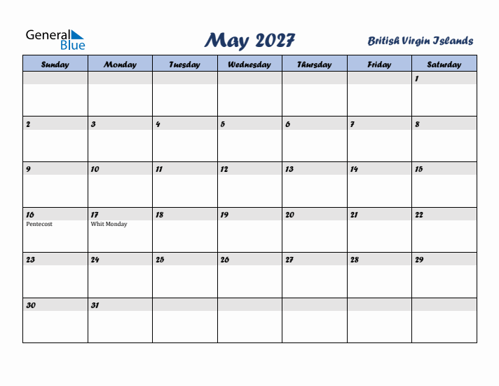 May 2027 Calendar with Holidays in British Virgin Islands