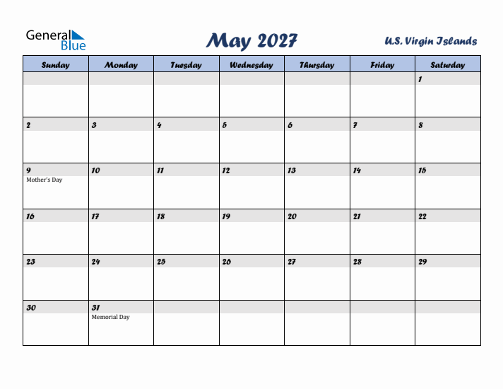 May 2027 Calendar with Holidays in U.S. Virgin Islands