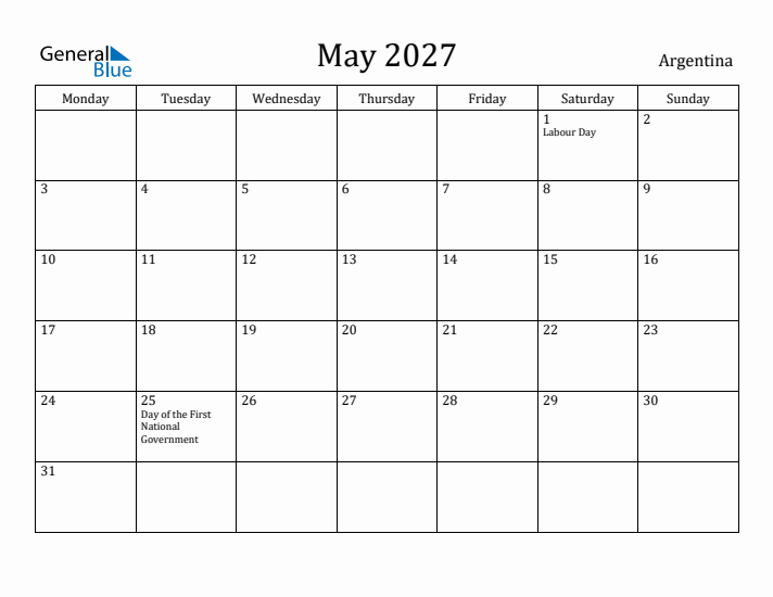 May 2027 Calendar Argentina