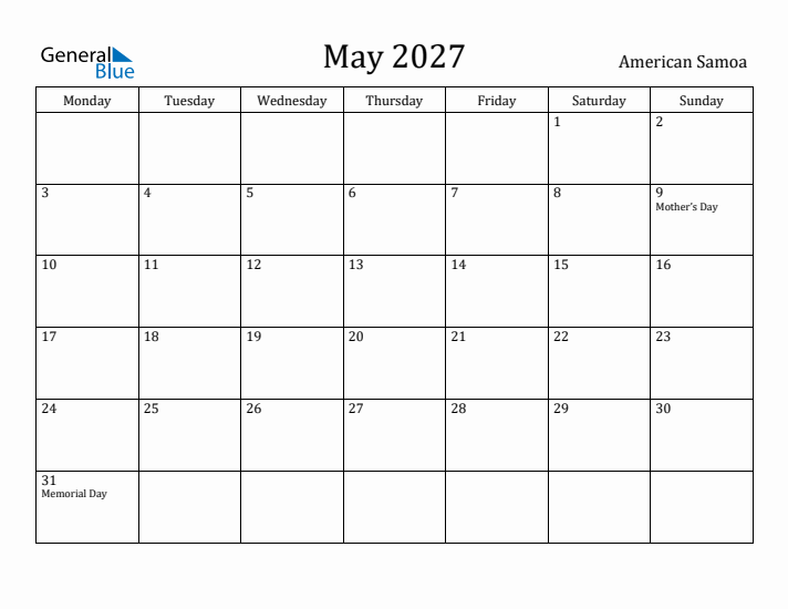 May 2027 Calendar American Samoa