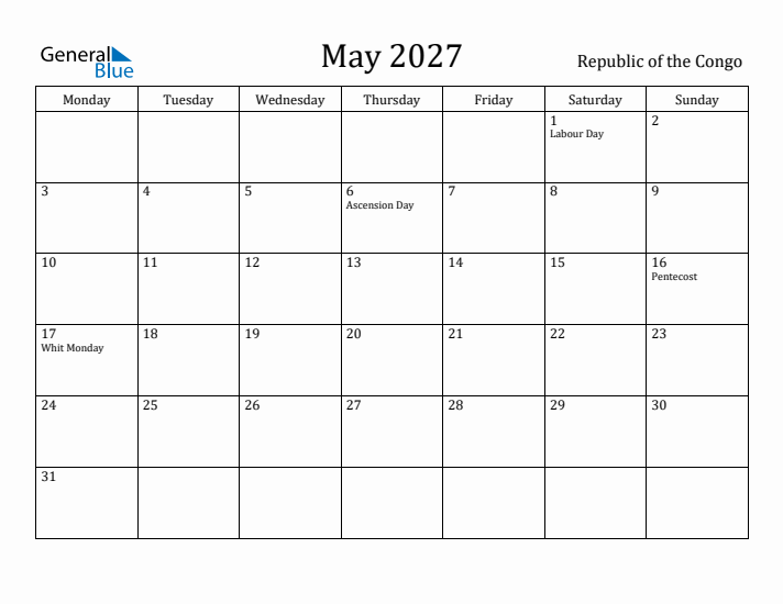 May 2027 Calendar Republic of the Congo
