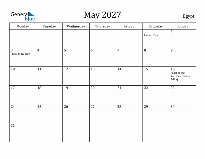 May 2027 Calendar Egypt