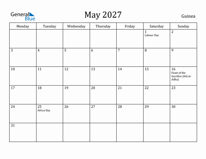 May 2027 Calendar Guinea