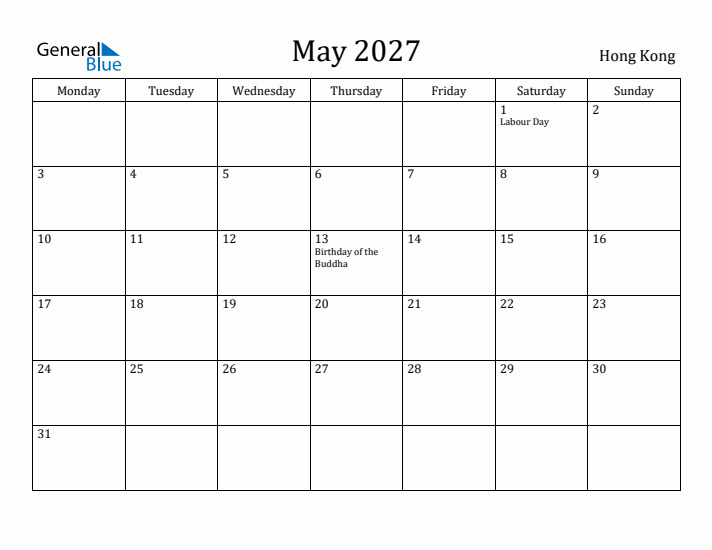 May 2027 Calendar Hong Kong