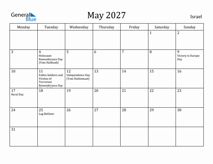 May 2027 Calendar Israel